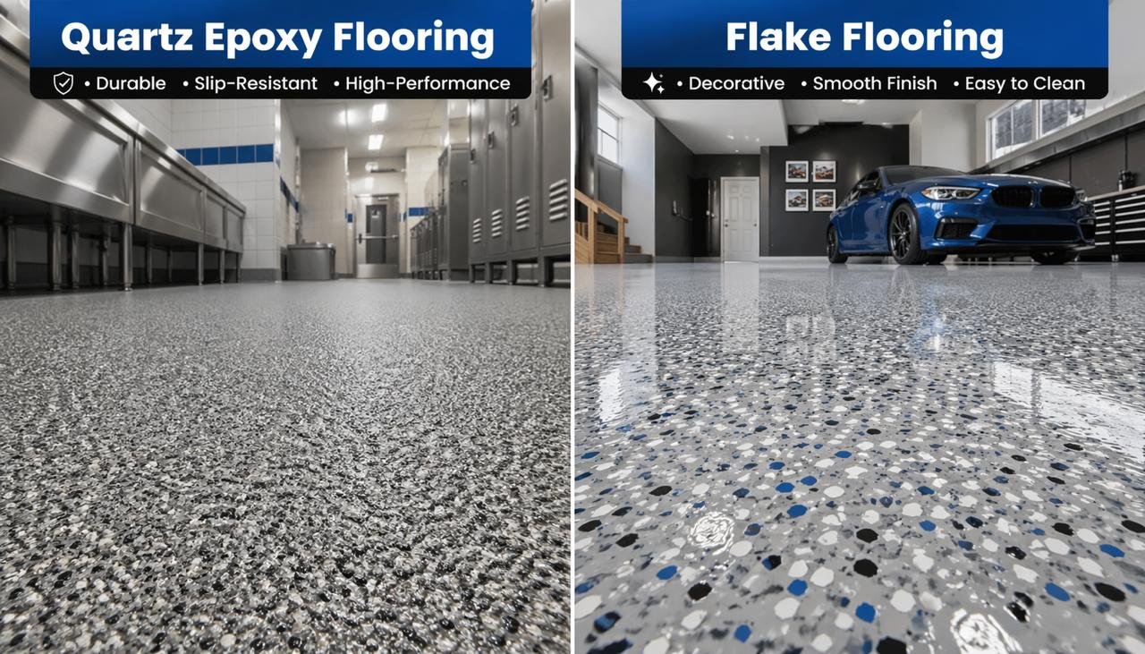 quartz epoxy vs flake flooring